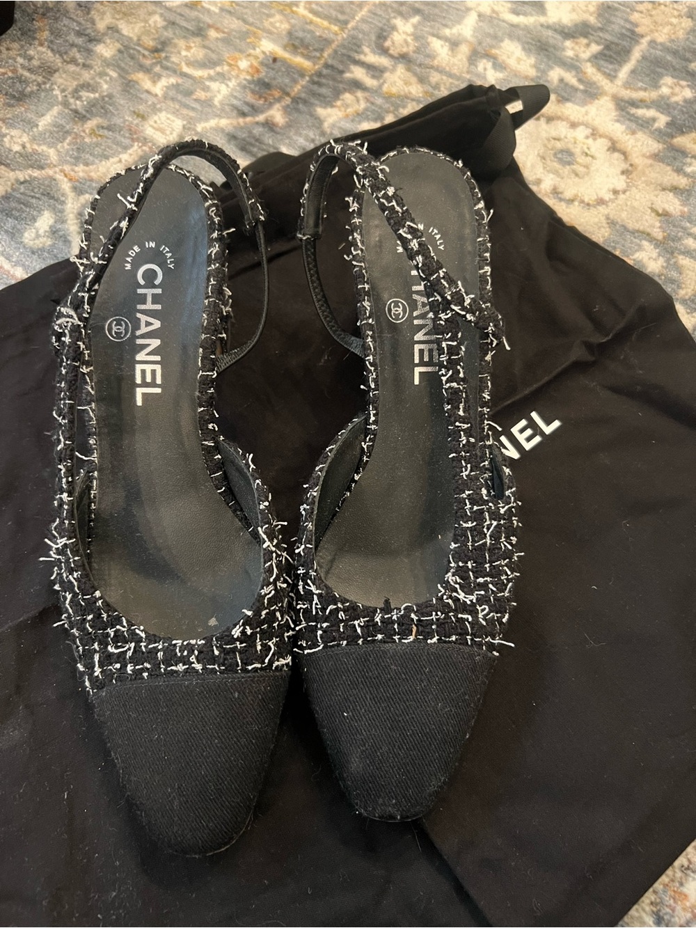 CHANEL Black Tweed Pointed Slingback Heels
